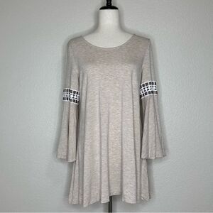 Lapis Beige Embroidered Bell Sleeves Tunic Top